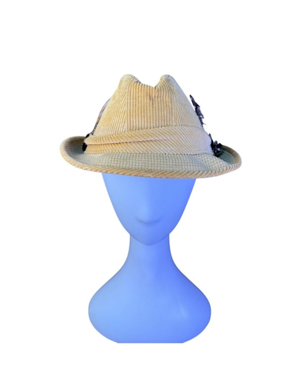 Resistol Eddie Bauer Mens Beige Corduroy Fedora Hat With Feather & Pin Accents S